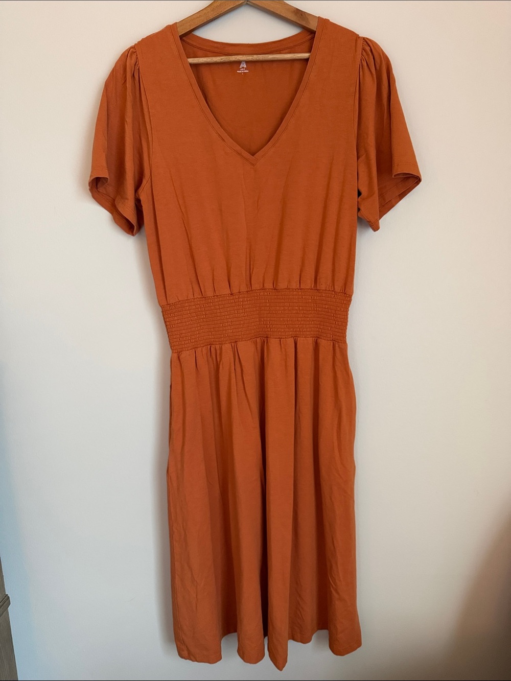 Able Rust V-Neck Midi Dress with Shirred Waist